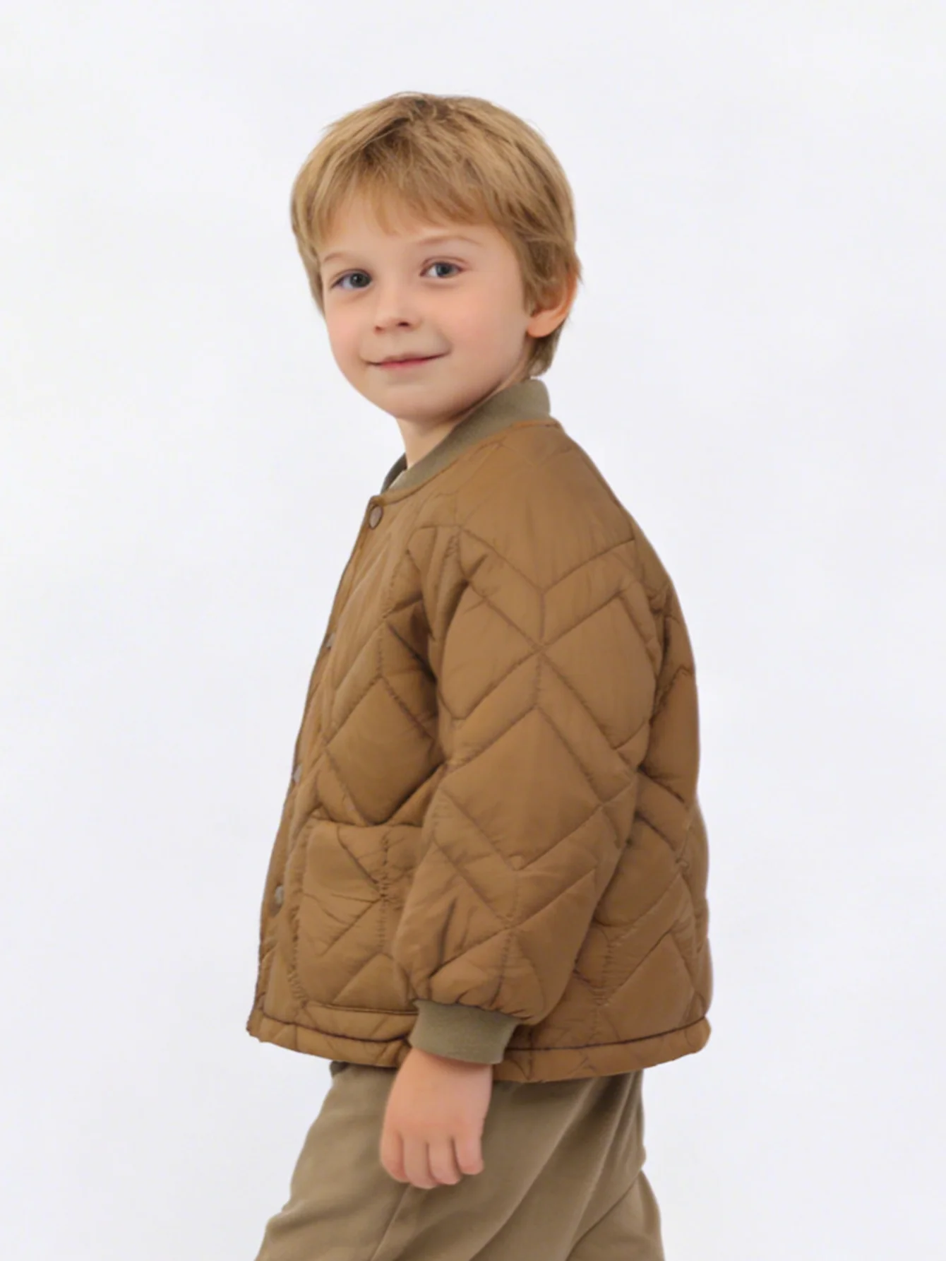 Boys Quilted Bomber Jacket Kids Lightweight Padded Coat Children Diamond Stitch Button Down Winter Outwear with Pockets