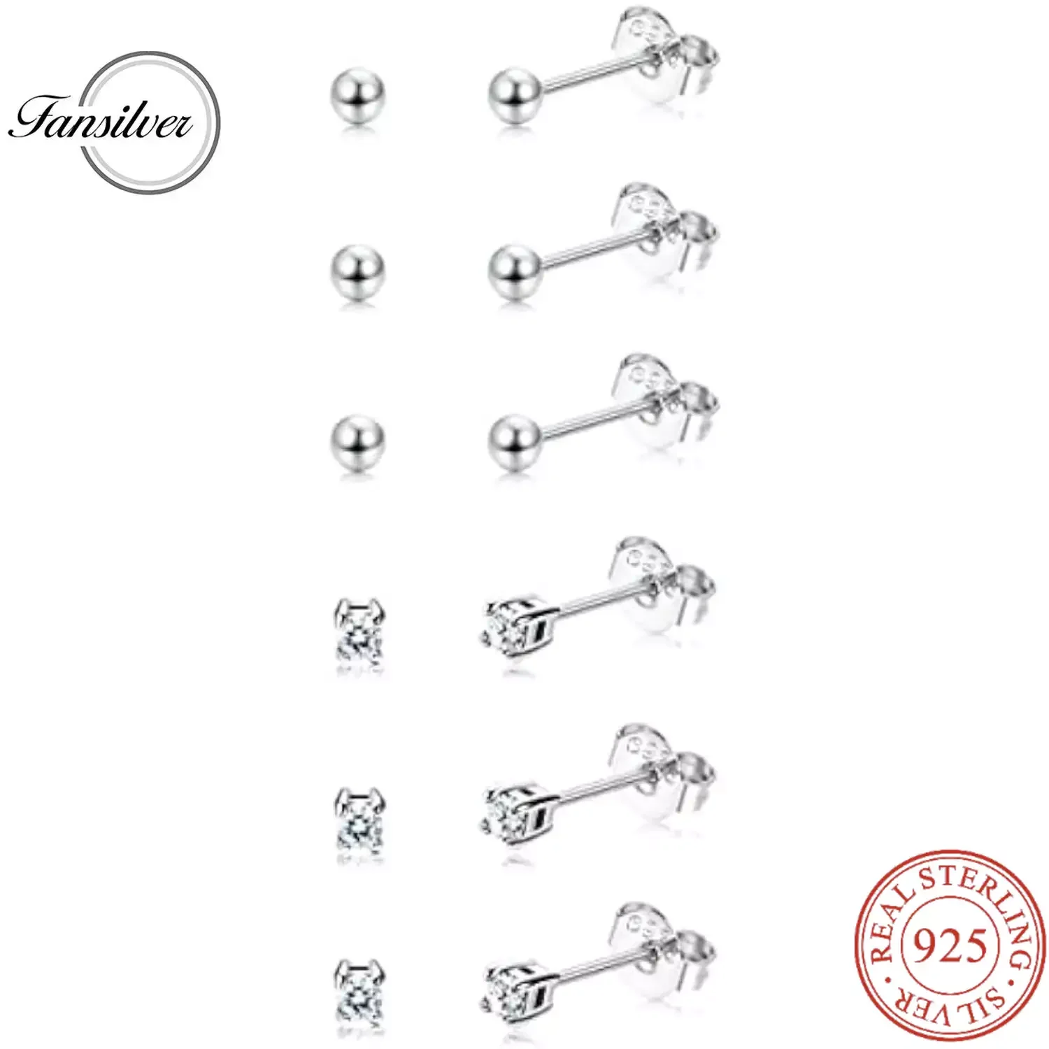 

Fansilver 6 Pairs S925 Sterling Silver Tiny Ball Stud Earrings for Women Girls Round CZ Earrings Set