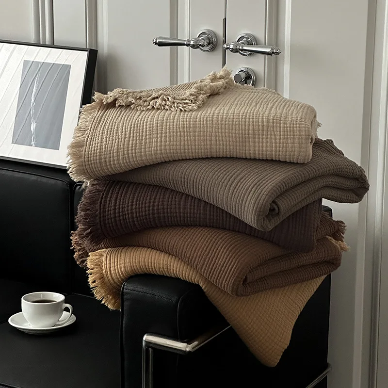 

New Blanket 100% Cotton Sofa Towel Tassels Blankets Linen Solid Color Shawl Manta Plaid Blankets Four Layer Gauze Fringe Blanket