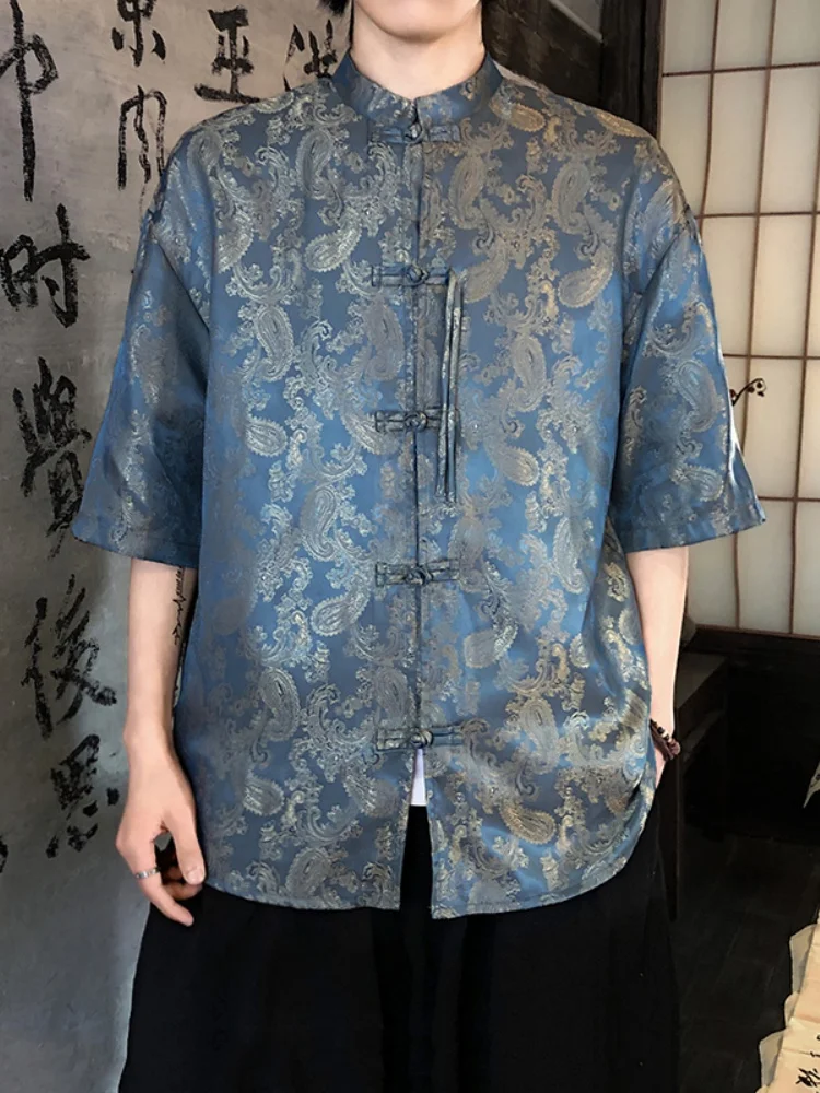 

Мужская летняя тонкая рубашка из ледяного шелка с вышивкой в китайском стиле, свободного кроя, с принтом, для мужчин среднего возраста