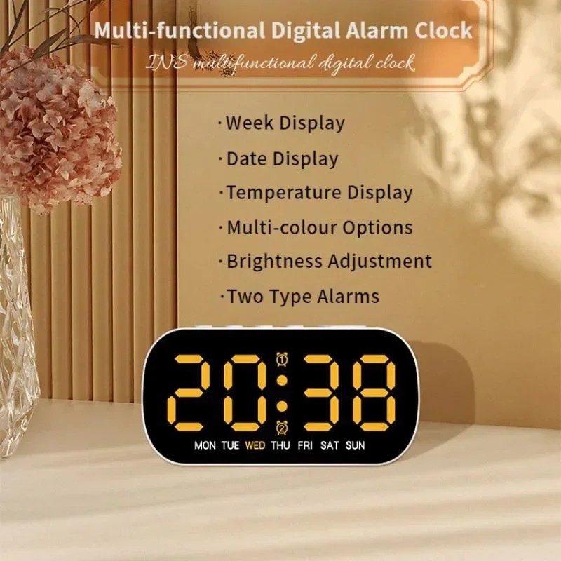 USB Powered Digital Alarm Clock Temperature Date Week Dual Alarm Night Mode Snooze Clock 5 Levels of Brightness 12/24H LED Clock