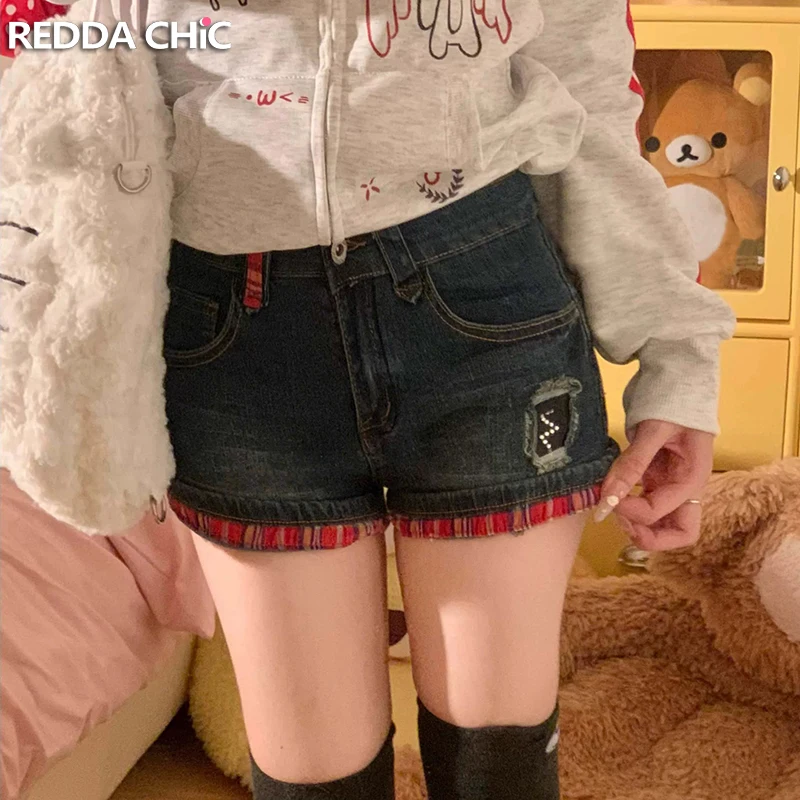 

ReddaChic Women Jean Shorts Grunge Summer 2-Way Tartan Slim Fit Low Rise Diamond Embroidery Denim Shorts Gyaru Y2K Streetwear