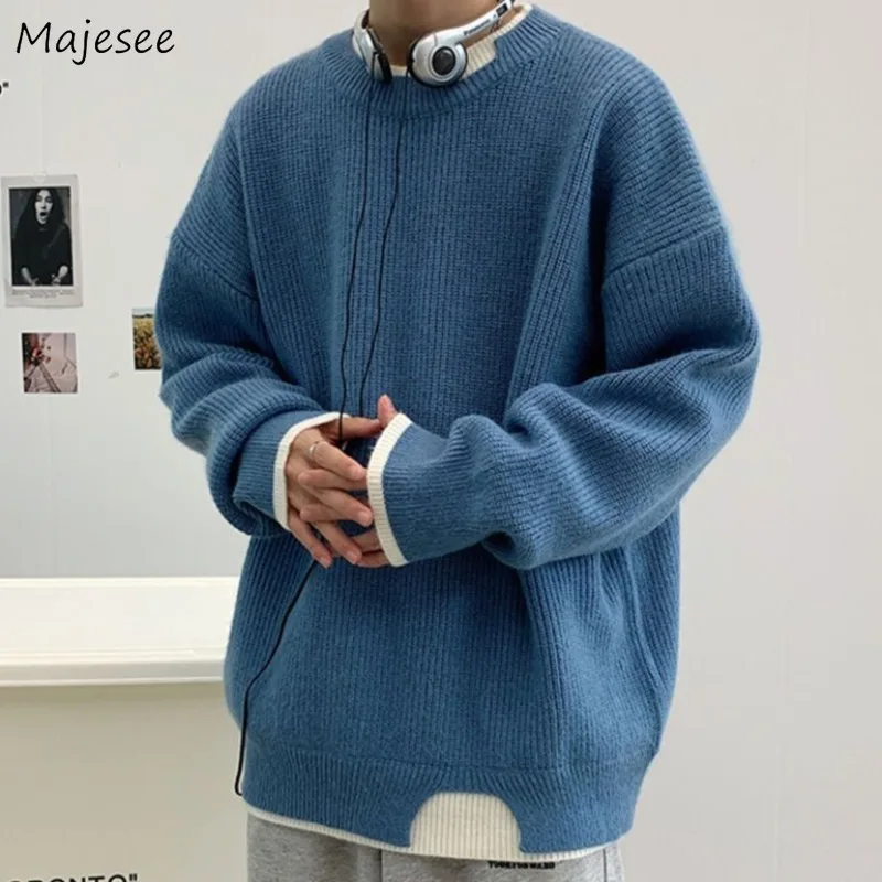 

Pullovers Men Warm Korean Style Loose Knitted Patchwork New Chic Autumn Winter Casual O-neck Long Sleeve Minimalist Students