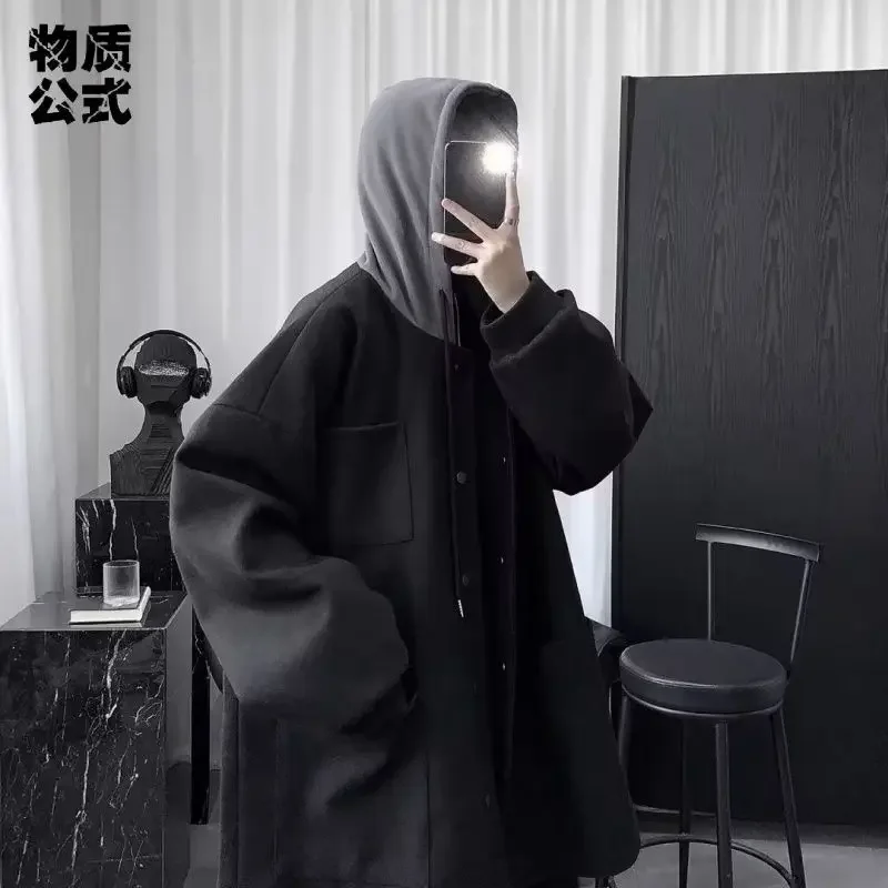 ポップ暖かいフード付きミッドレングスジャケット男性厚いカジュアルシングルブレスト偽二枚コート高品質対照的な色暖かいパー