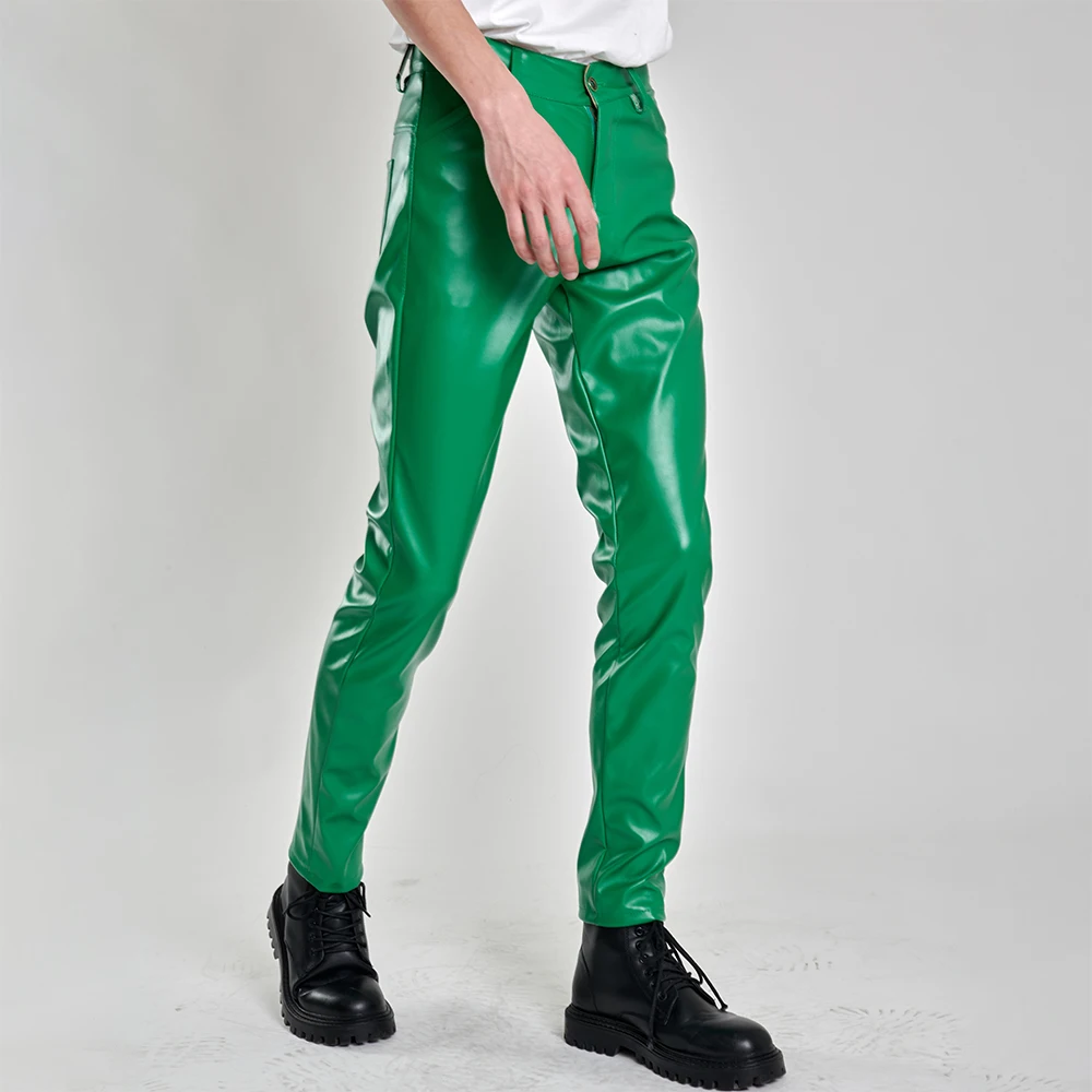 Thoshine merk heren leren broek skinny fit elastische mode PU lederen broek feest- en dansbroek dun