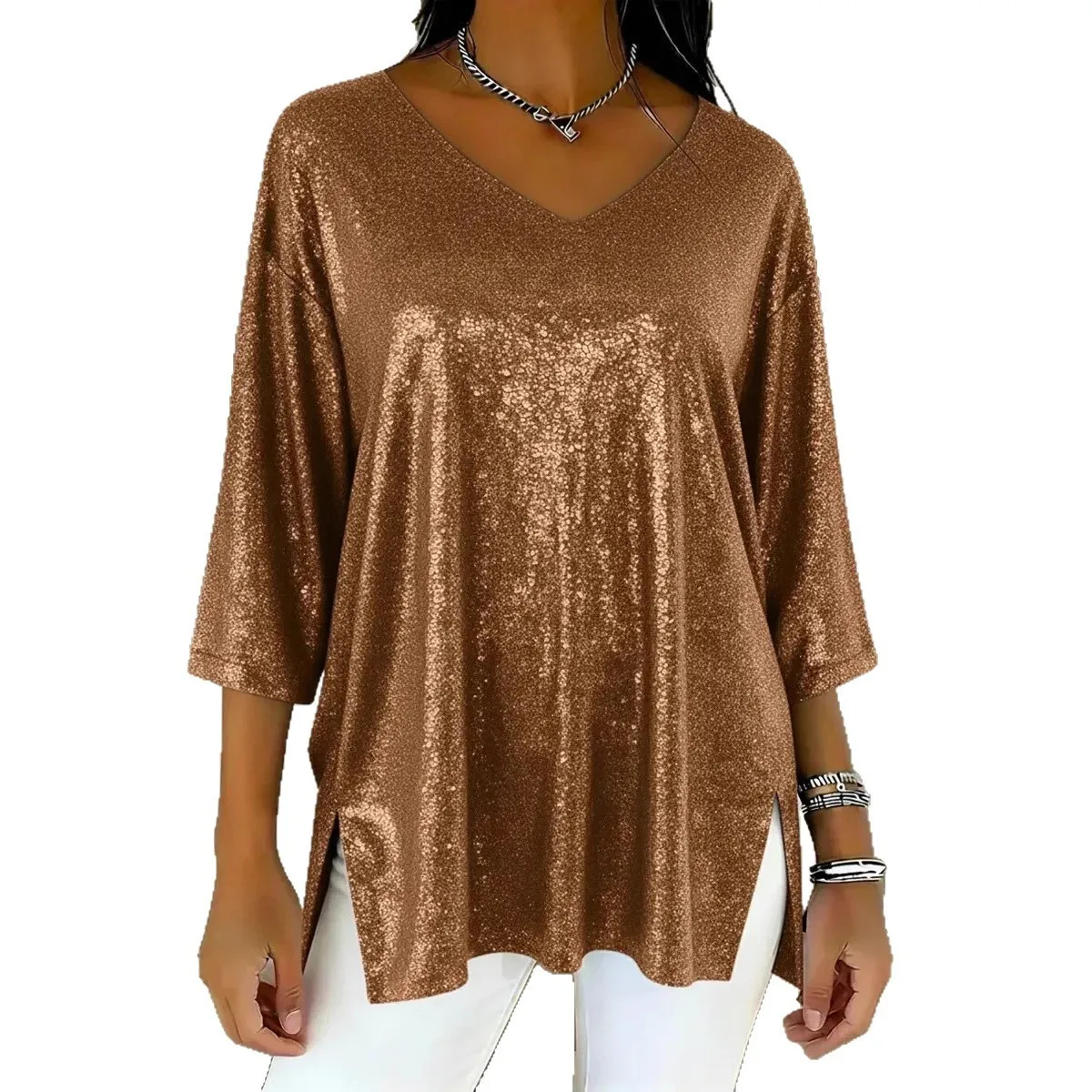 Nine Tenth Sleeve V Neck Top Mid Length Elegant with Loose Fit Midi Length Elegant Commute Patchwork Spring T Shirts for Women
