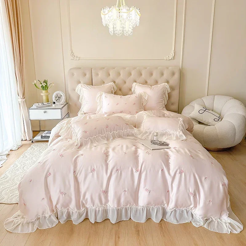 Imagem -06 - Conjunto de Cama Rosa Estilo Francês Princesa Bordado Rosa Babados de Renda Tecido Lyocell Capa de Edredão Sedosa Macia Lençol Fronhas