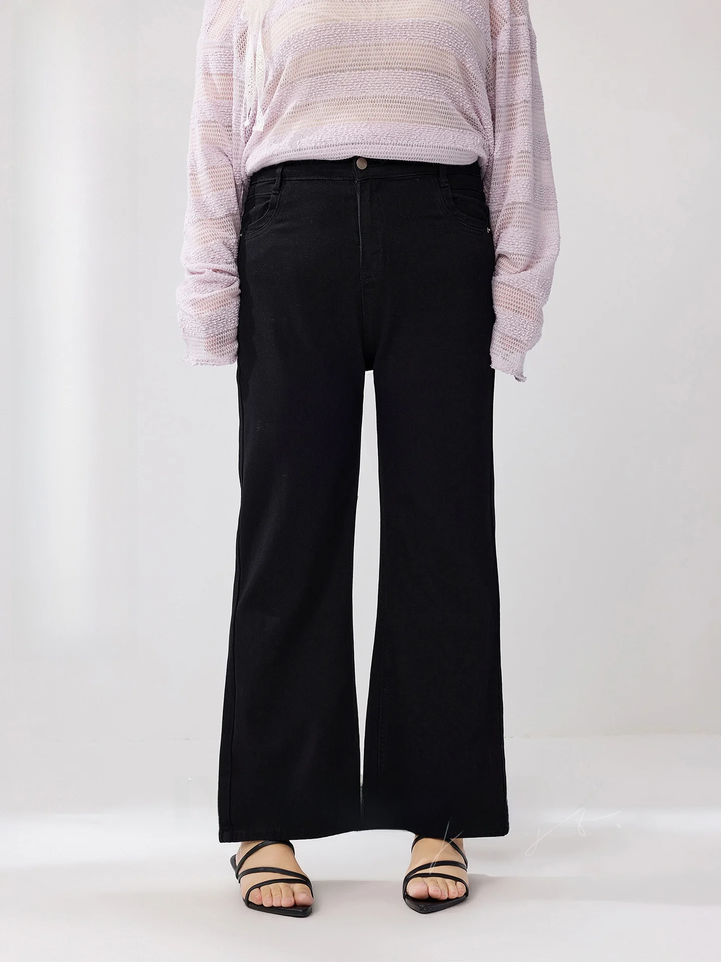 

Джинсы-клеш больших размеров с высокой талией, укороченные, черные, из денима, для похудения, весенняя новинка, повседневная женская одежда