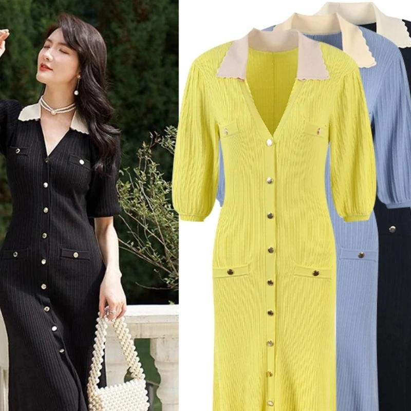 

Fashionable Short-sleeved Dress V-neck Puff Sleeve Temperament Waist-hugging Fish Tail Long Party Dress 2025 Summer New Style