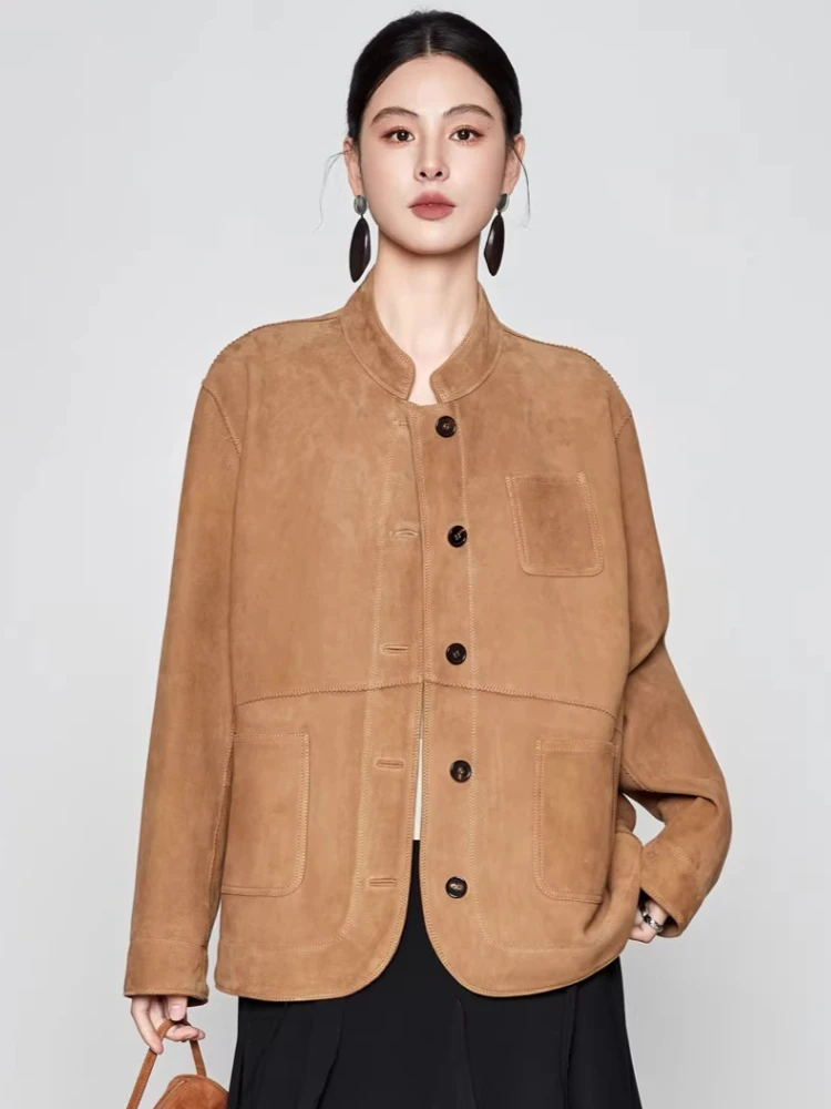 

Vintage Genuine Leather Jackets for Women Spring Autumn High-end Simple Stand Collar Loose Casual Real Sheepskin Suede Coat