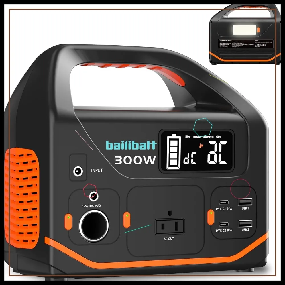 

Портативная электростанция 266 Вт·ч, 300 Вт, литиевая батарея для кемпинга, дома, активного отдыха и аварийного резервного питания с выходом переменного тока с чистой синусоидальной волной