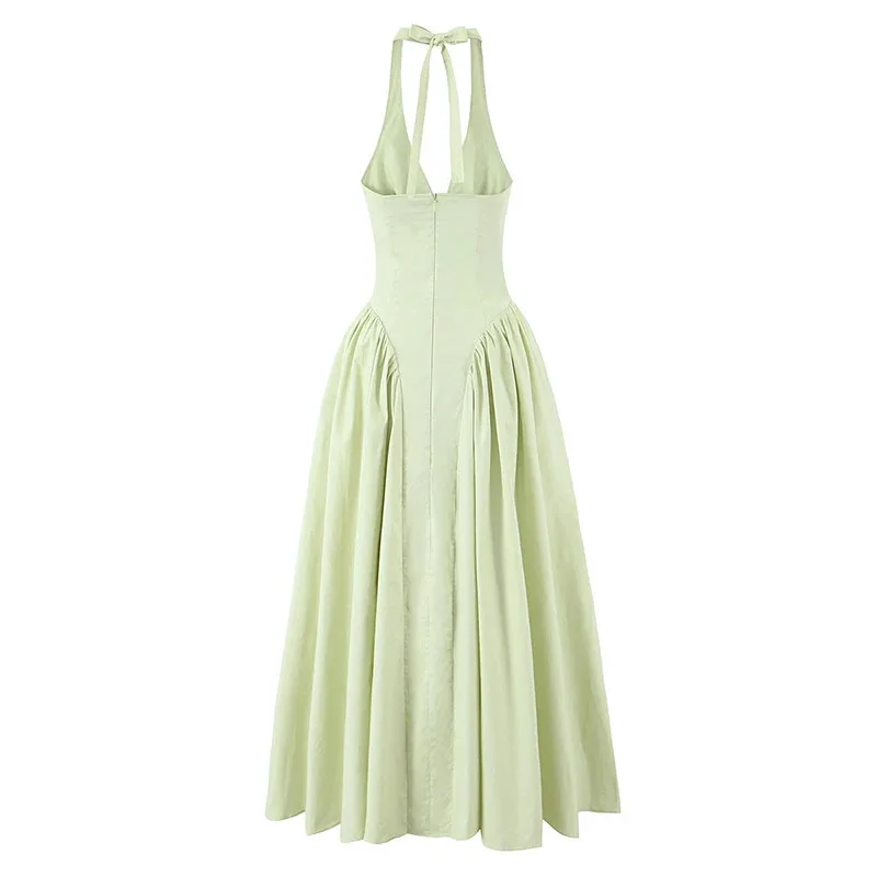 Bonny Abito sexy senza schienale verde elegante con scollo all'americana per le donne Vita bassa A-line Midi Abiti da sera estivi Abiti da sera in cotone