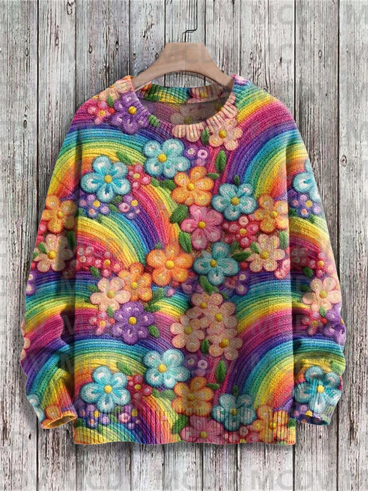 

Cute Rainbow Flowers Art Pattern Print Casual Knit Pullover Sweater Men's For Women's Pullover