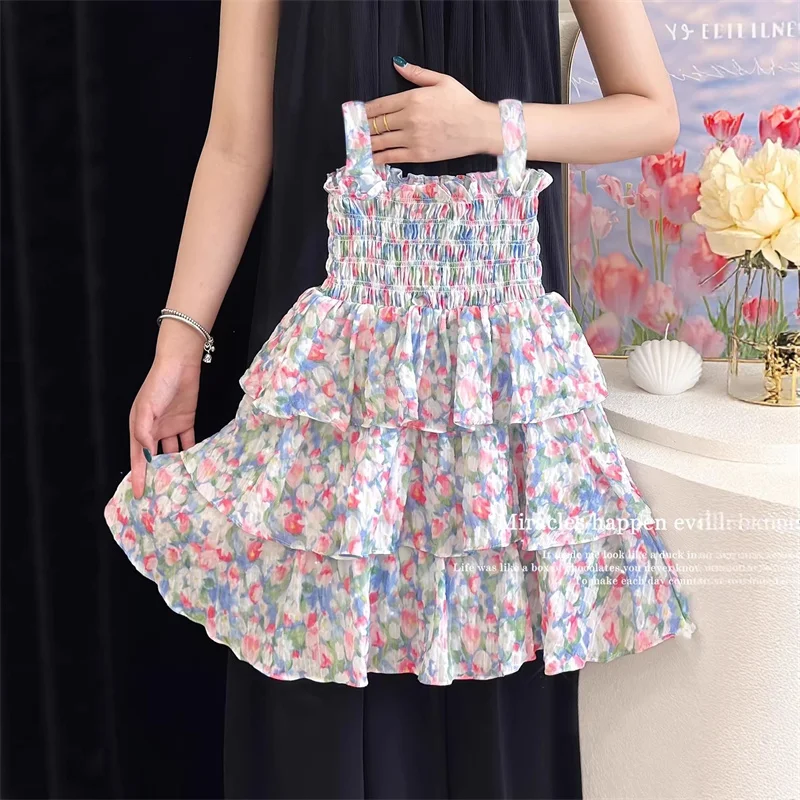 Girls Floral Sling Dress Summer 2026 New Princess Sweet Print Gown Children Fashion Vacation-Style Tank Vestidos Kids Clothing