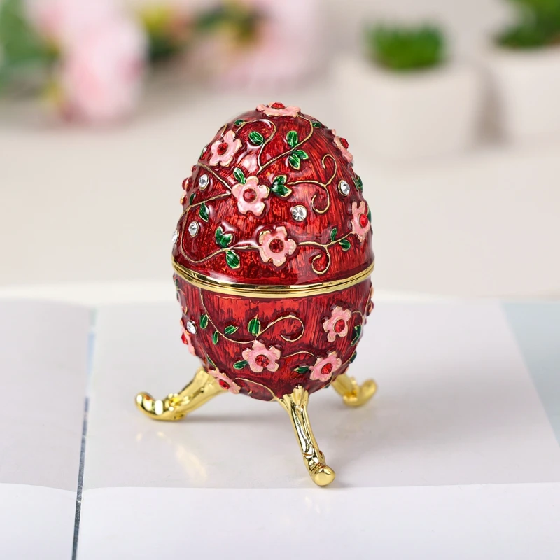 ShinnyGifts Enamel Metal Fabergé Egg Jewelry Box, Hand-Painted Floral Vintage Design