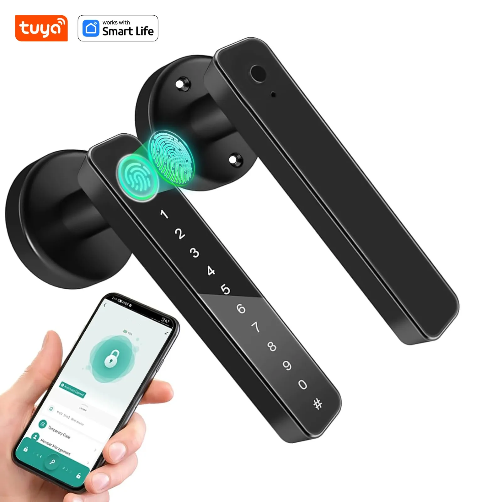 Door Knob Fingerprint Door Lock With Handle, IC Card,Passcode Keypad, Biometric Keyless Entry,Use Tuya App for Bedroom, Office