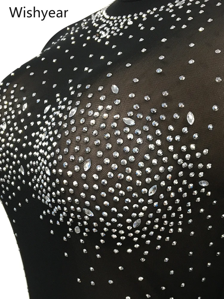 Rhinestone Mesh Long Sleeve Romper for Women Elegant High Neck Black Jumpsuit Shorts Party Clubwear One Pieces Birthday Outfit