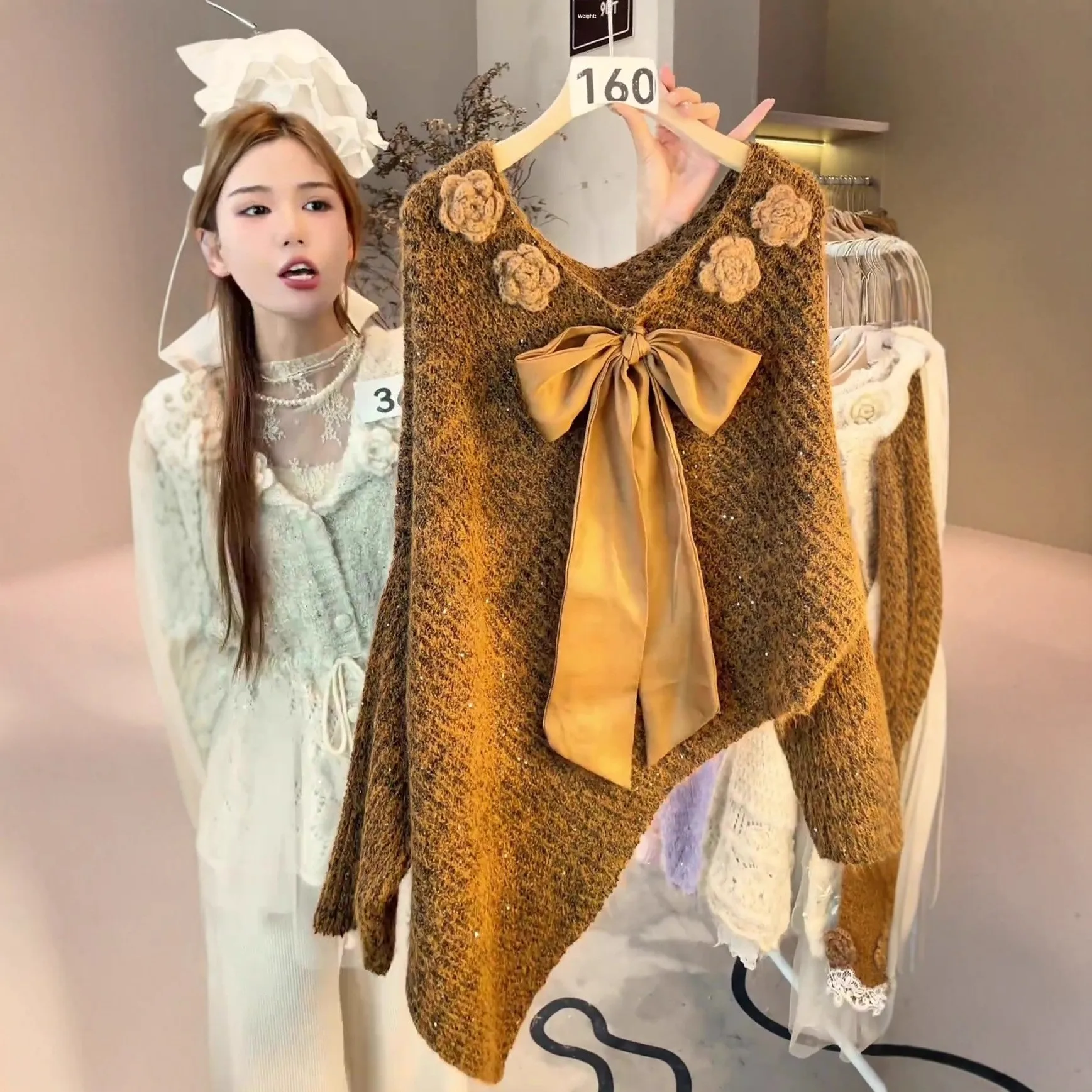 

Женский свитер Ele Agel из трикотажа с пайетками, с поясом-завязкой, осенне-зимняя новинка, утепленный, производство Китай