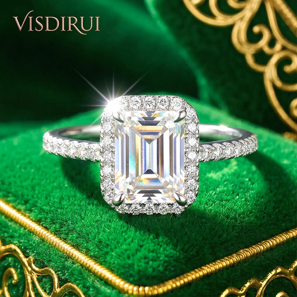 

VISDIRUI 1-2ct Emerald Cut Moissanite Ring for Women Art Deco Halo D Color VVS1 S925 Sterling Silver Micro Pave Engagement