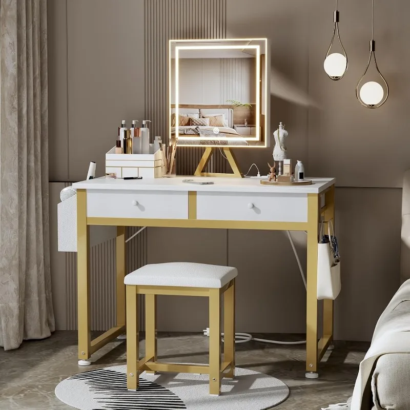 

Small Makeup Vanity Desk with Fabric Drawers, 32 inch White Vanity Desks with Mirror and Light, Dressing Table and Chair Set
