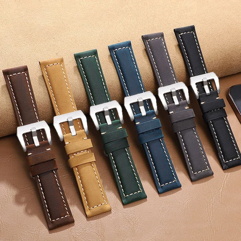 Vintage Leather Watch Strap for Panerai for Seiko Men Women Watch Band Blue Khaki Black Bracelet 20/22/24/26mm Watch Accessories