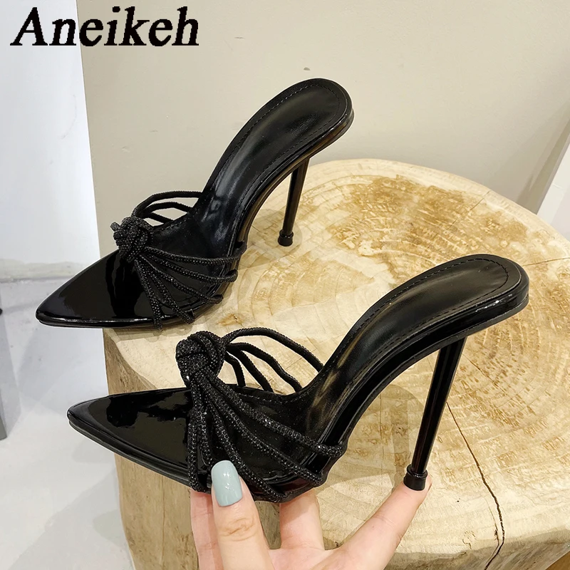 Aneikeh Silver Strap rhinestone heel Mules 2024 Spring New pointed end Sexy High Heel Thin Strap Woman Sandals Dinner Shoes