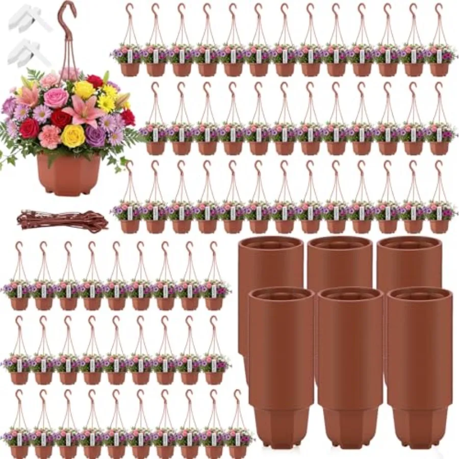 

200 Pack 5.1 Inch Plastic Hanging Pots for Indoor Outdoor Plants, Garden Nursery Use Brown, Lightweight with Hooks Drainage, In