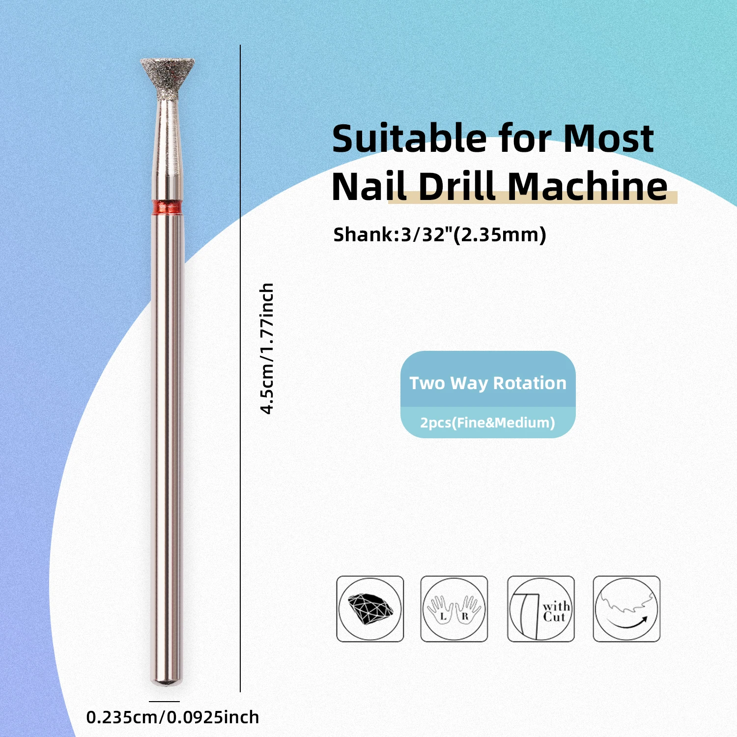 2 szt. Frez diamentowy do skórek 3/32 cala, bezpieczny frez z węglika spiekanego do czyszczenia pod paznokciem, do usuwania martwego naskórka i przygotowania paznokci (F & M)