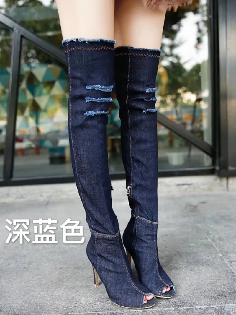 Trend Women Denim Over The Knee Boots Fishmouth Stiletto Heel Elastic Thigh High Jean Boots Ripped Frayed Trim Club Party Shoes