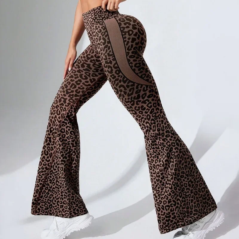 Calças femininas de ioga fitness com estampa de leopardo e costas cruzadas sem costura