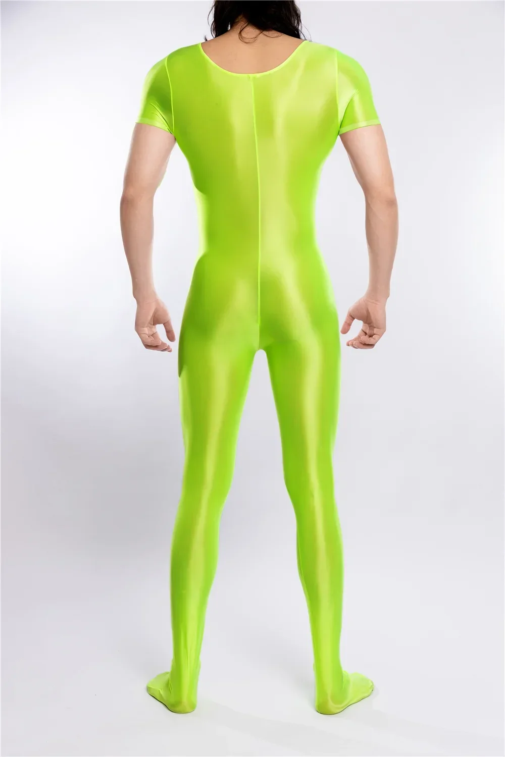 Tuta sexy in raso lucido Shaper ad alta elasticità Indossare body completo Collant a maniche corte Body esotico Zentai morbido unisex