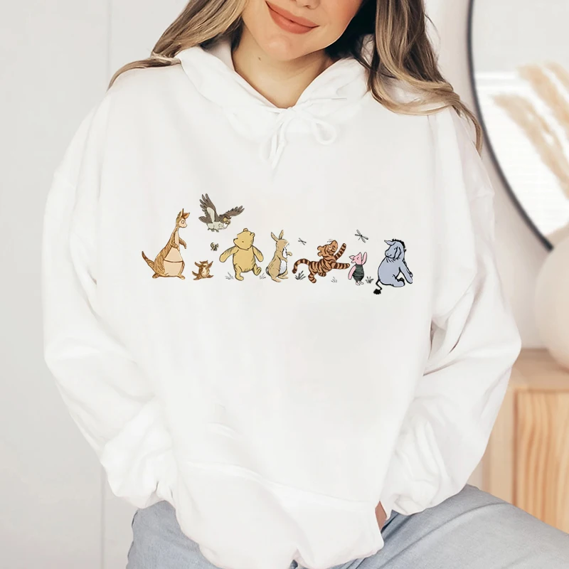 くまのプーさんと友達プリントパーカー女性のためのかわいいディズニーグラフィックスウェットシャツ長袖プルオーバーレディースストリートトップス