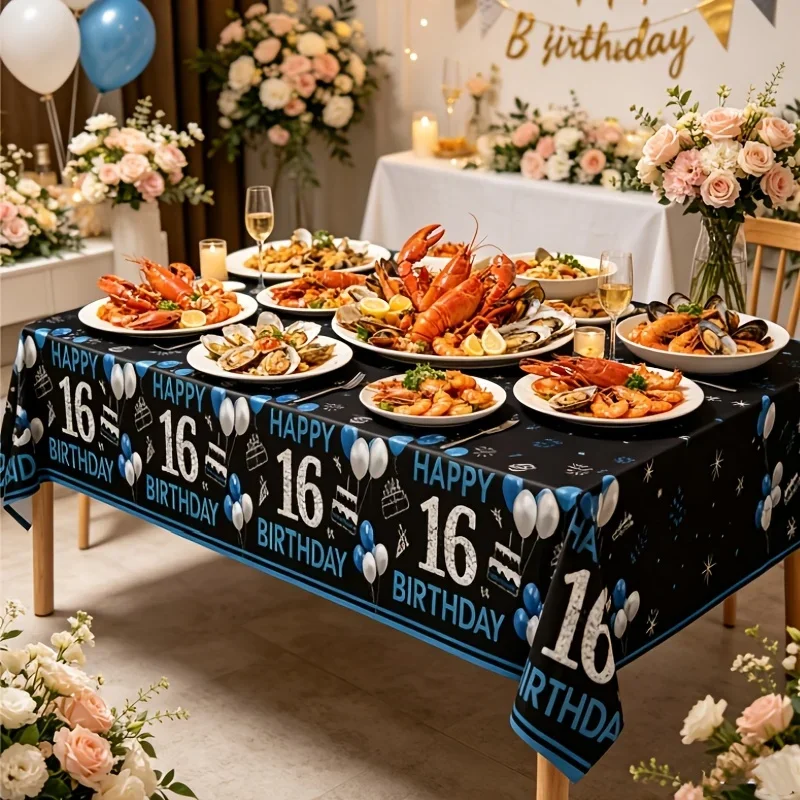 A set of 16-inch birthday tablecloths in black and blue for the boy.PMJ