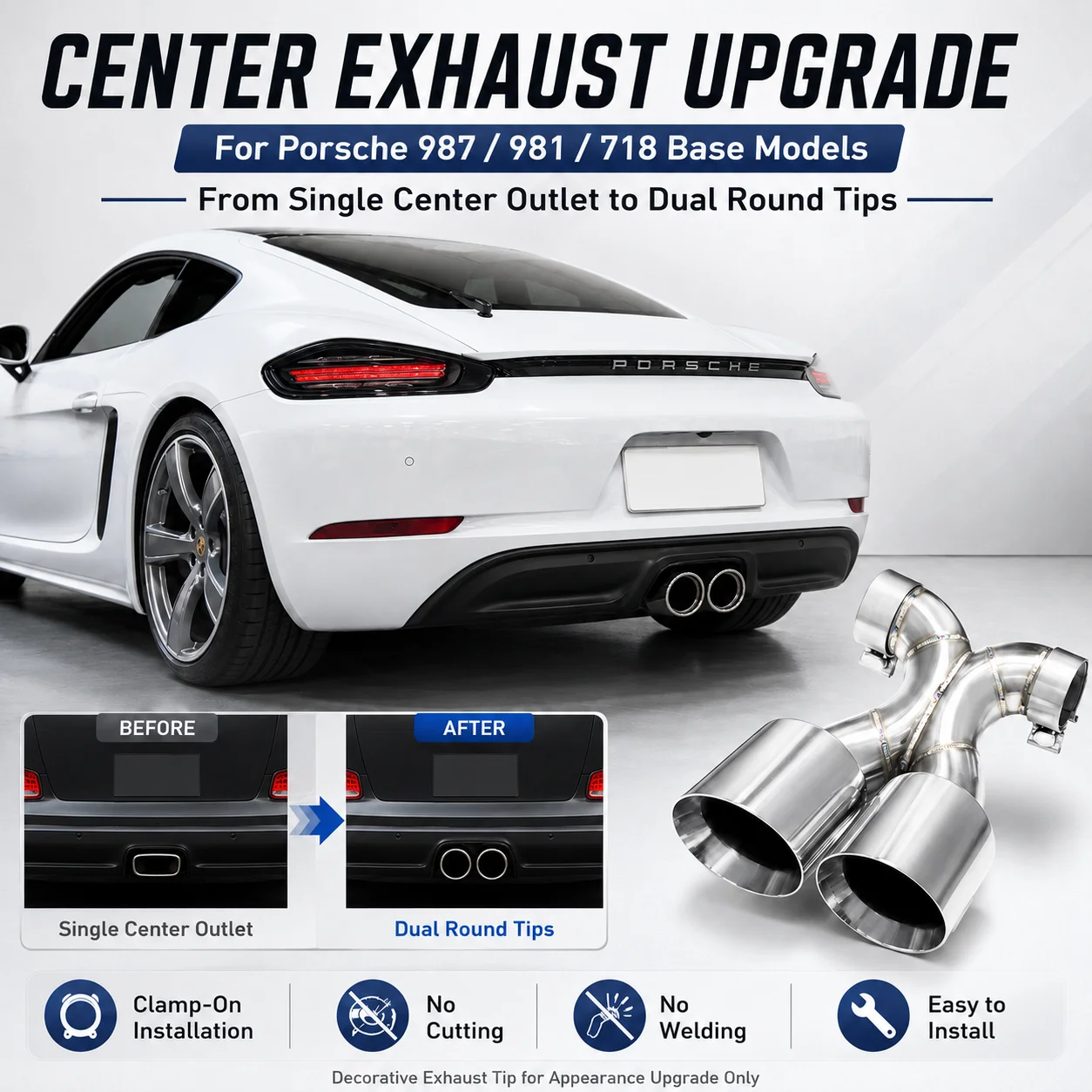 Edelstahl X-Center Doppel-Auspuffblende für Porsche 718 981 987 Basismodell – Quadratische zu runder Auspuffendrohr-Dekoration