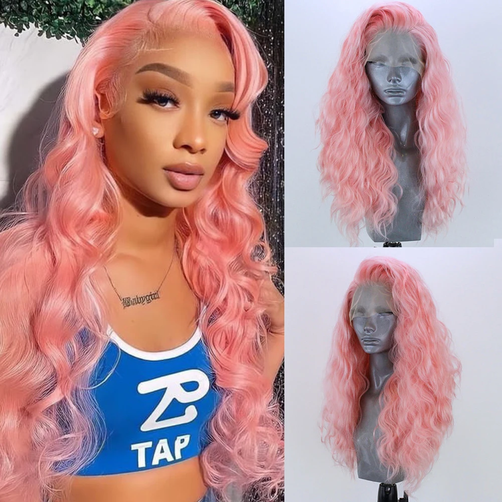 AIMEYA Synthetic Lace Front Wigs For Women Pink Cosplay Lace Wig Deep Wave Frontal Wig Heat Resistant Fiber Glueless Party Daily