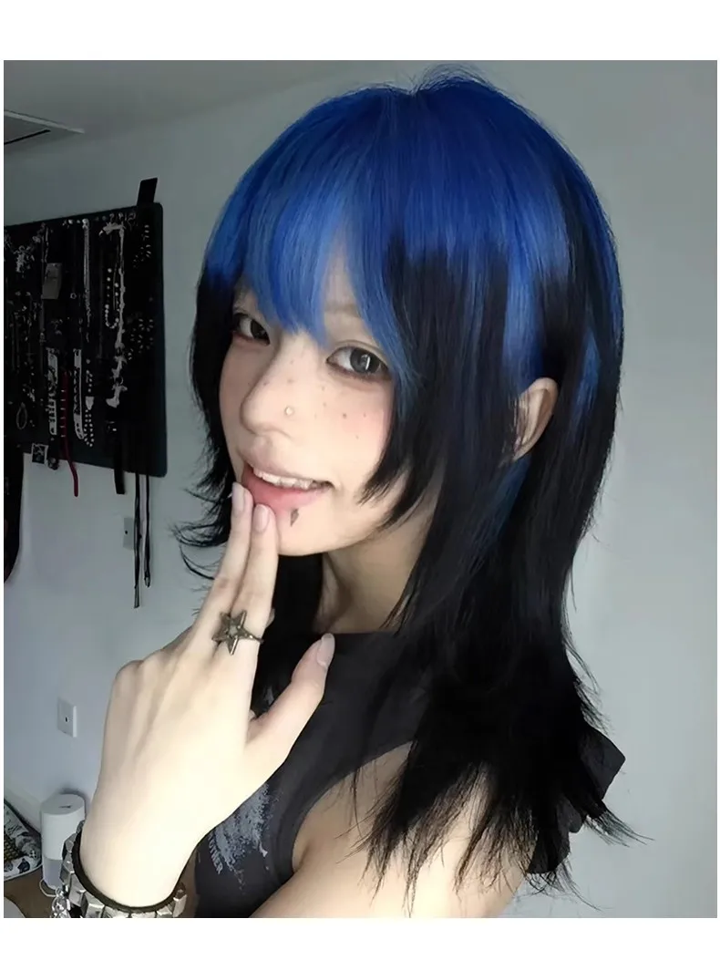 Y2K Cosplay Korte Blauwe Hoogtepunten Pruik Subcultuur Kleurverloop Wolf Staart Haar Pruik met Pony Hittebestendig