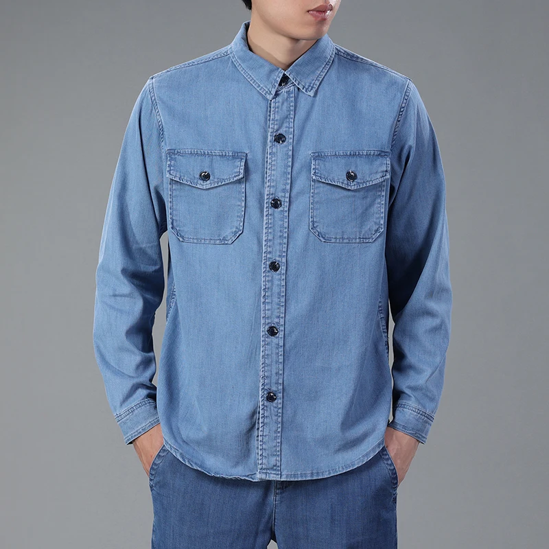 2022 Autumn Brand New Men\'s Business Casual Loose Long Sleeve Shirt Simple Soft and Comfortable Pocket Denim Shirt Jacket