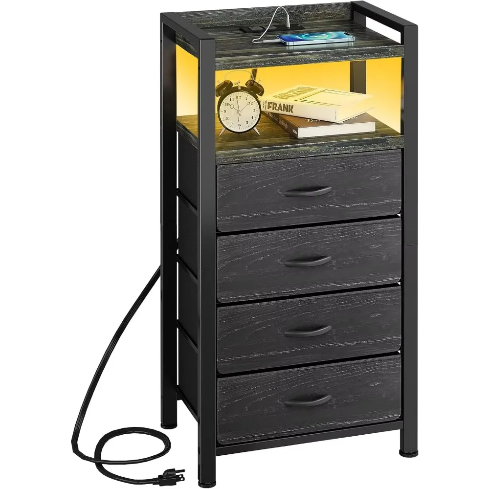 

Night Stand with Charger Station and LED Light Black Nightstand with Drawers Bedside Table Tall Nightstand 4 Fabric Drawers