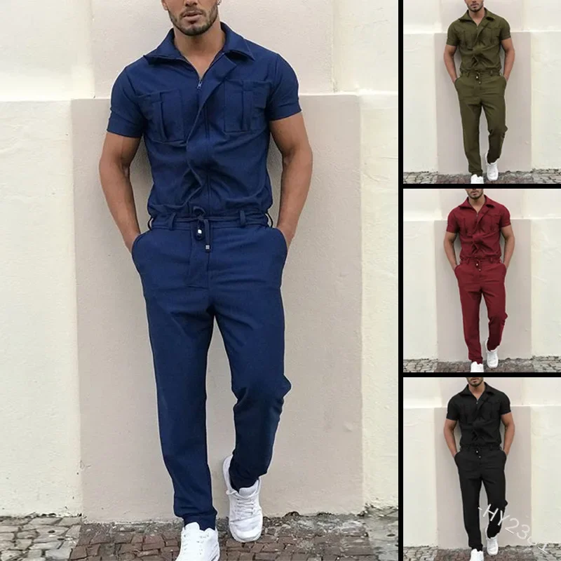 

New Mens Rompers Pants Casual Loose One-piece Suit Overalls Fashion Short Sleeve Jumpsuit Streetwear Men Ropa De Hombre