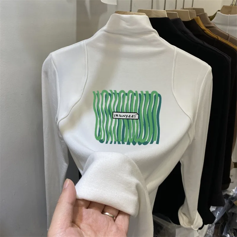 

German Velvet Striped Printed Bottoming Shirt for Women in Autumn Winter Long-sleeved T-shirt Half Turtleneck Top