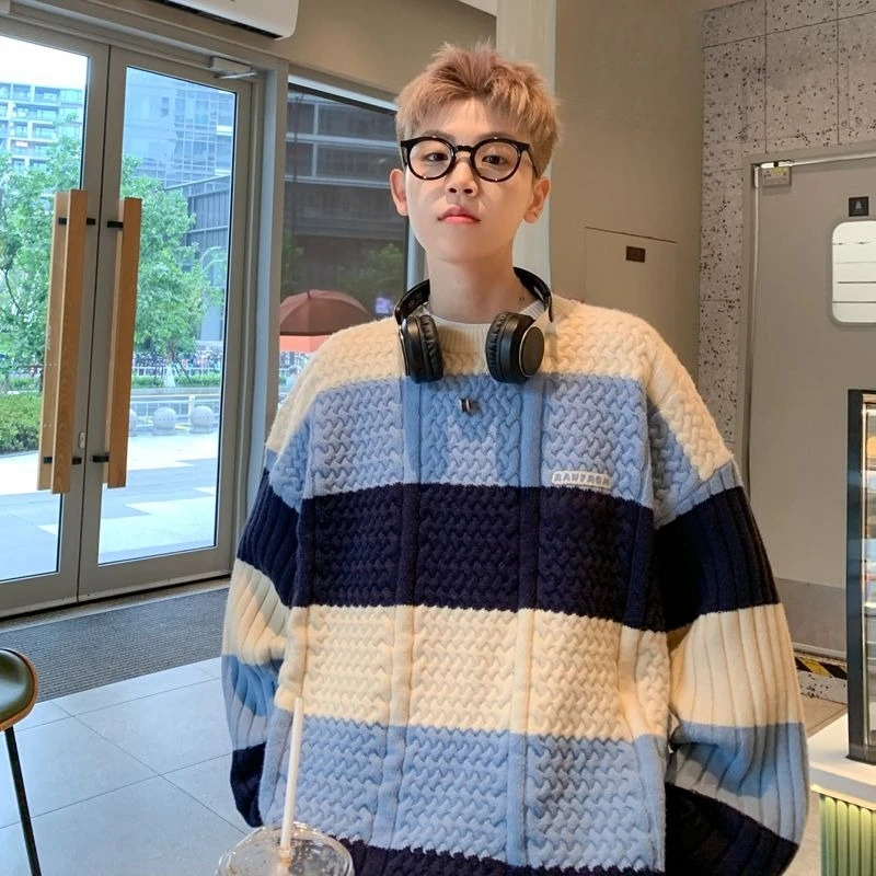 Youth Student Winter Couple Sweaters Men Color Block Warm Thickened Chunky Knit Oversized HK Style Lazy Fashion High End