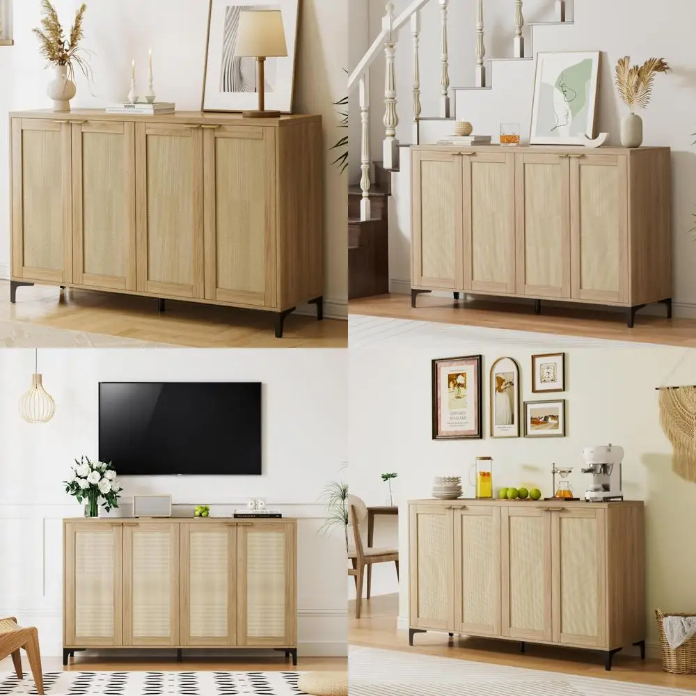 

Rattan Buffet Cabinet with 4 Doors, Adjustable Shelves, and Metal Feet Accent for Sideboard Storage