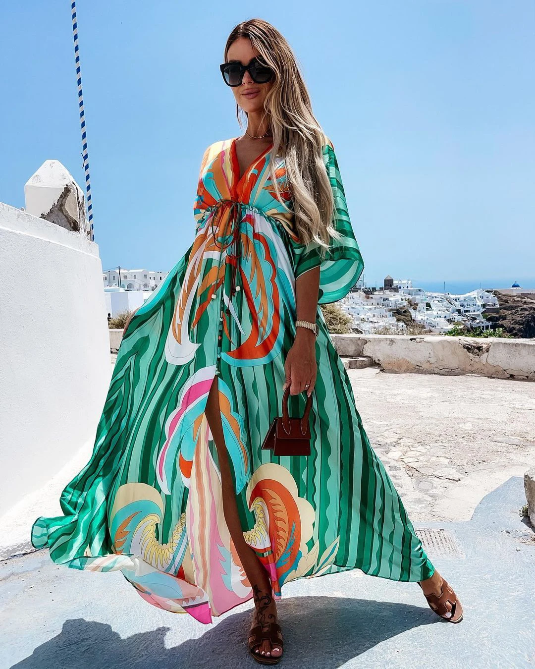 

Women's Printing Long Dress Summer New Fashion Casual Bohemian Slim Flared Sleeve Sexy Loose Split Beach Party Women Dresses