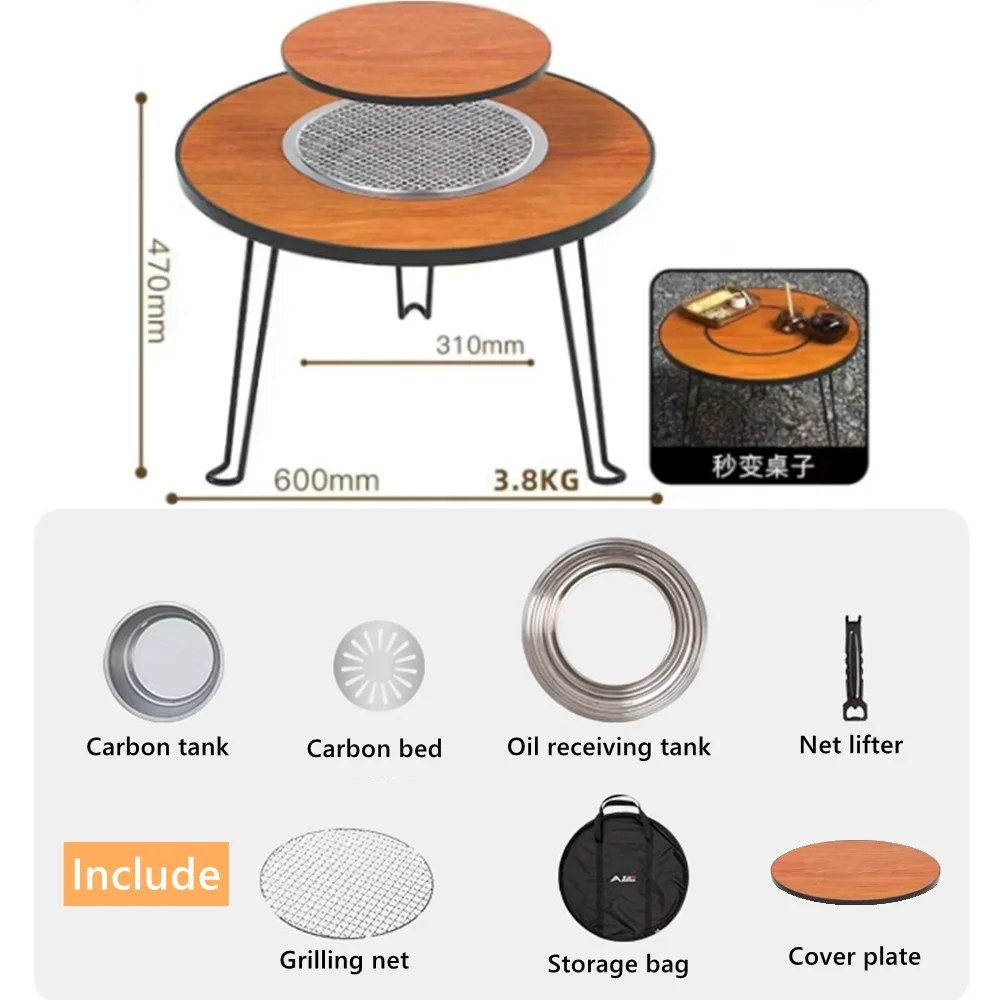 

Folding Barbecue Round Table Outdoor Camping BBQ Grill Table Charcoal Grill Lightweight Tables Tea Boiling Table