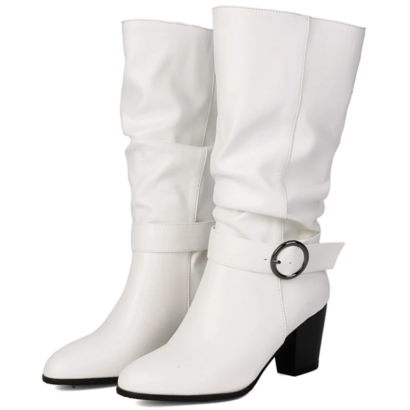 

Плиссированные зимние сапоги до колена, черные, белые, коричневые женские высокие сапоги, повседневная модная длинная обувь для вечеринок на блочном каблуке, женская обувь