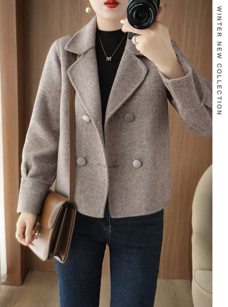 Women Short Double Faced Coat Lapel Blazer Style Double Breasted Long Sleeve Casual Cropped Jacket Autumn Winter Outerwear for