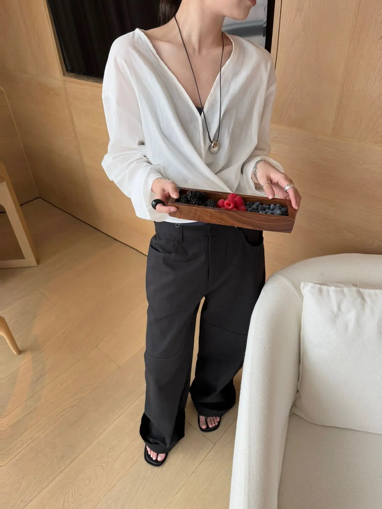 

Lilian Simple Korean Style Pure Color V-Neck Cross Shirt for Women Breathable Comfortable Long Sleeve Business Casual Shirt