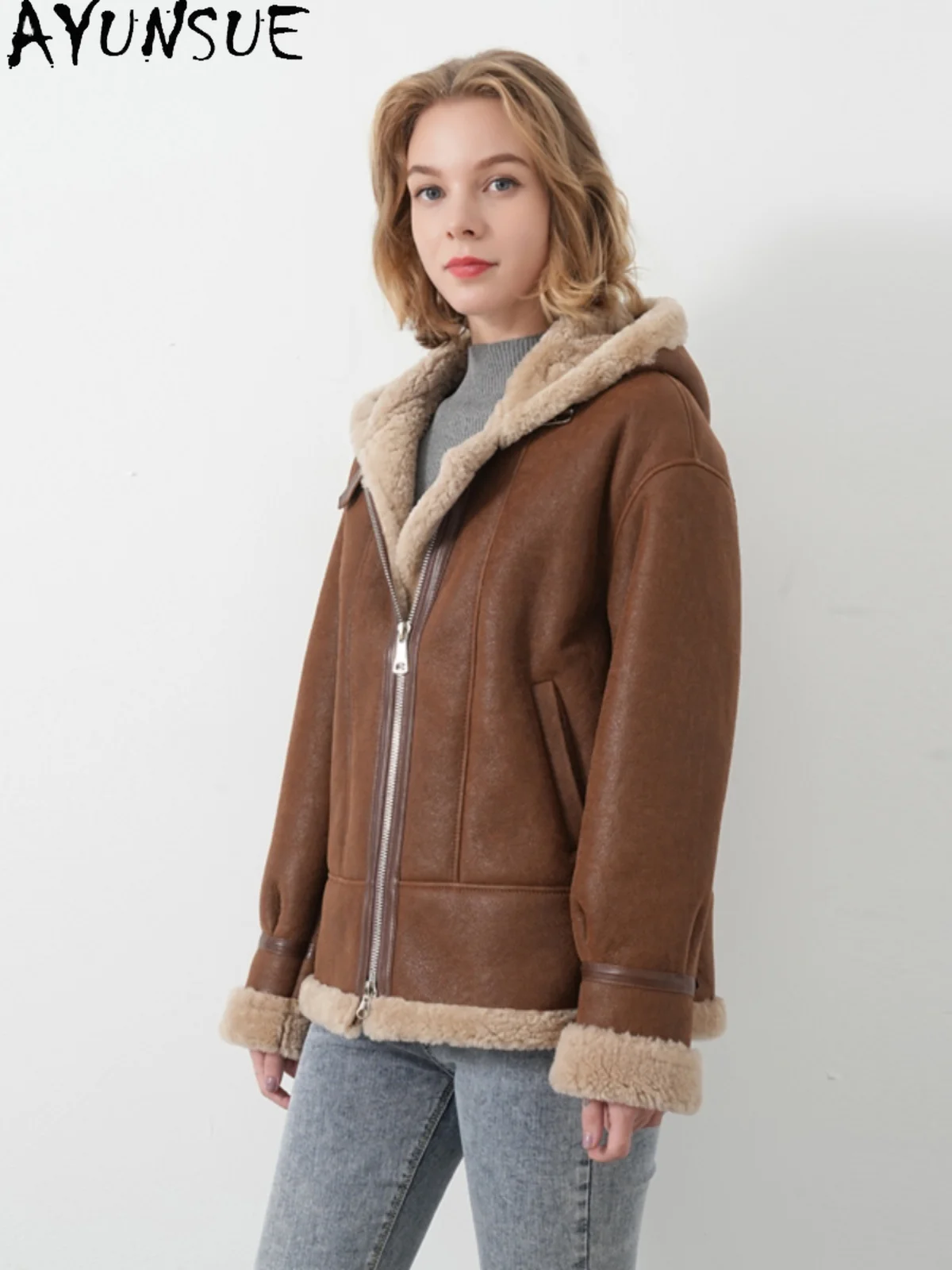 AYUNSUE manteau de fourrure de mouton naturel veste en cuir véritable vêtements d'hiver femmes 2025 laine d'agneau vestes de moto femme Streetwear