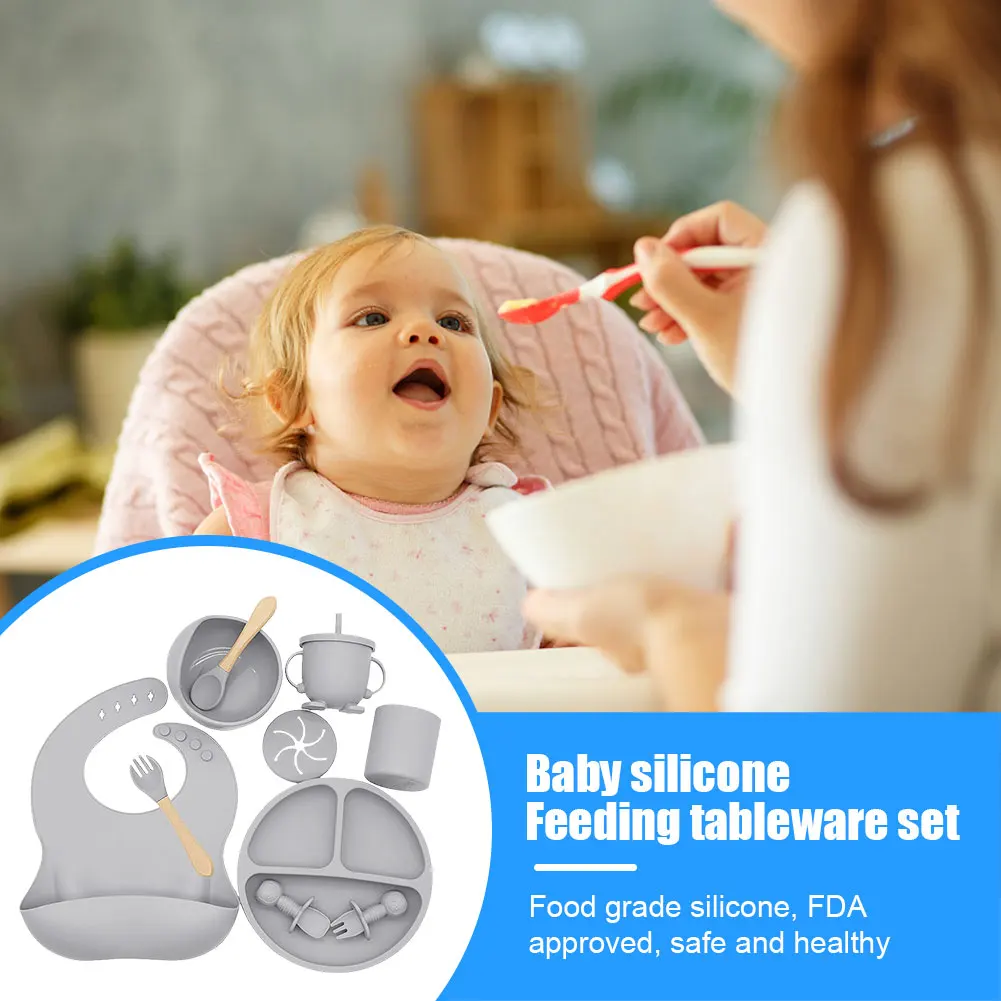 Silicone Baby Plates Spoons Forks Bib Bowls Dish Cup Child Feeding Suction Kids Toddler Eating Tableware Dinnerware Non-slip Set