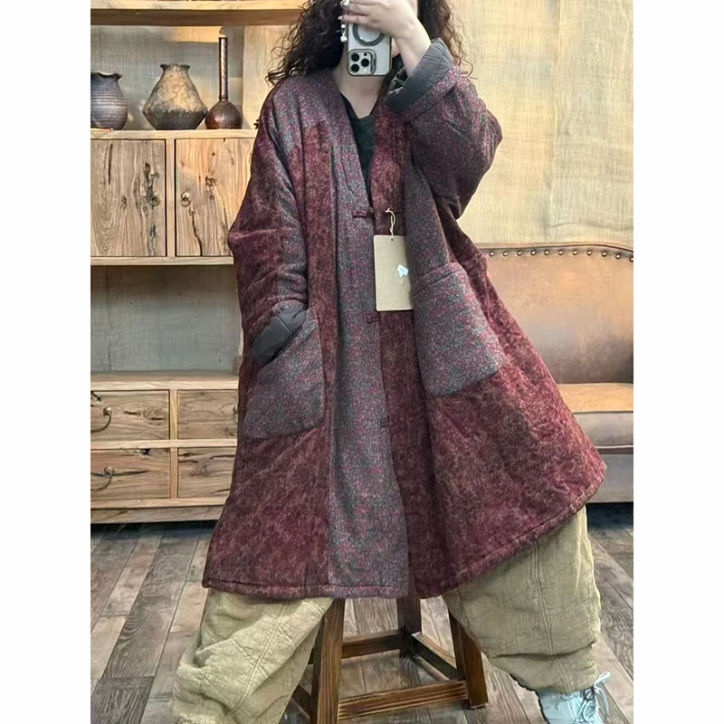 25 New Arrival Winter Women Floral Print Single Breasted Wide-waisted Thick Parkas Long Sleeves V-neck Cotton Casual Coats L244